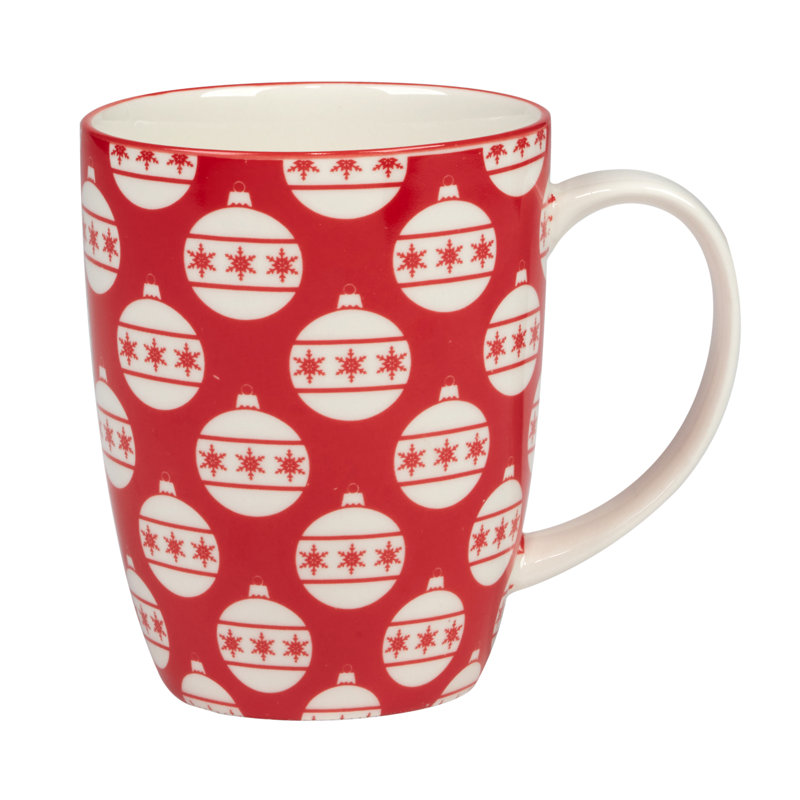 Set of 6 Red and White Ceramic Christmas Mugs