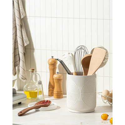 Porte-ustensiles, porte-ustensiles de cuisine 7,2 po pour comptoir, porte-ustensiles de cuisine en céramique 2 en 1 avec repose-cuillère, pot à ustensiles (blanc)