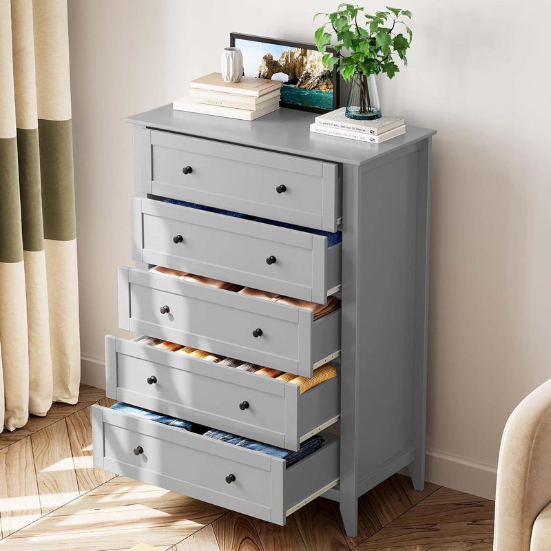 5-Drawer Tall Wooden Dresser with Deep Drawers, ‎Gray/Black
