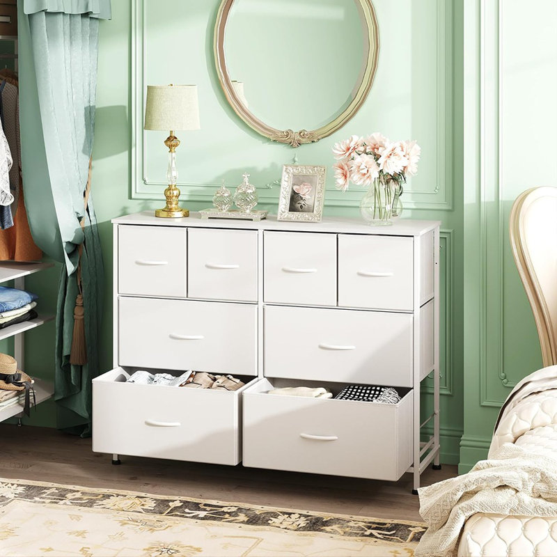 Commode pour chambre à coucher avec 8 tiroirs, commode large en tissu pour le rangement et l'organisation, commodes de chambre à coucher, commode pour le salon, placard, couloir, blanc