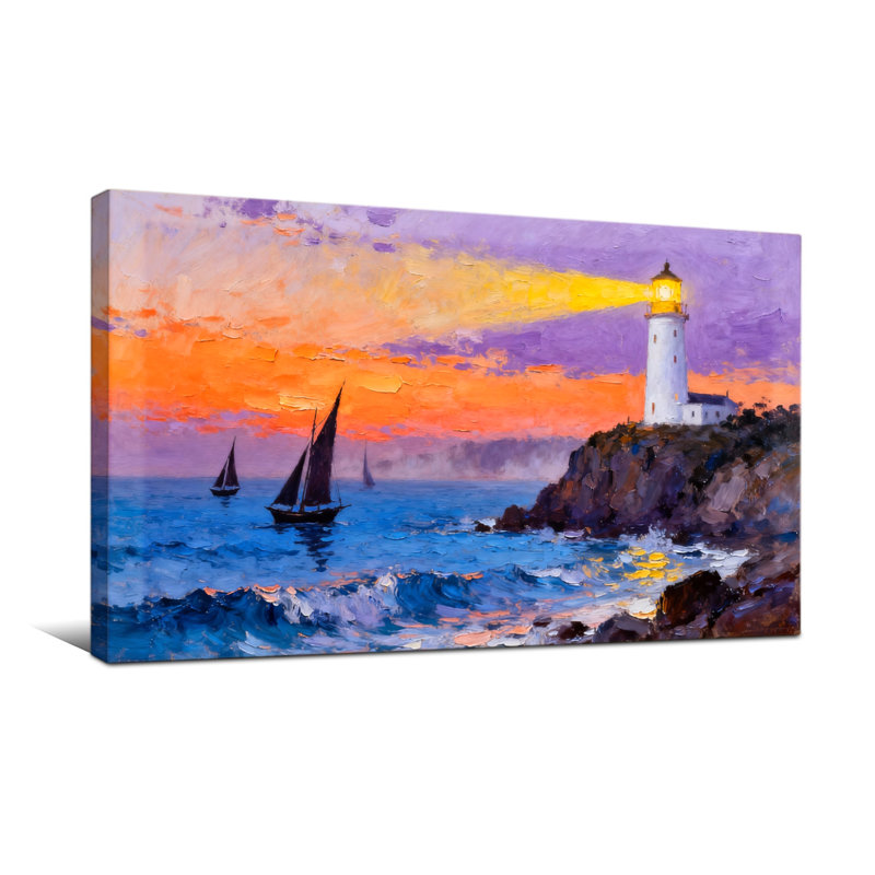 Nautique et plage, phare, coucher de soleil, voiliers, vagues de l'océan, roches, ciel, lumière, H 28 po x l 58 po