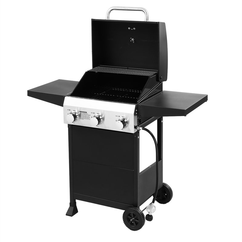 Barbecue au propane à 3 brûleurs en noir avec tables d'appoint pliables et roues portatives pour la cuisine en plein air