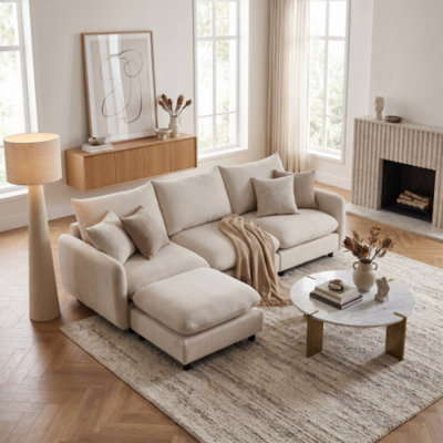 99.5" L-Shaped Modular Sofa, Fabric, 4-Piece Set, Sectional Sofa, White, with Ottoman