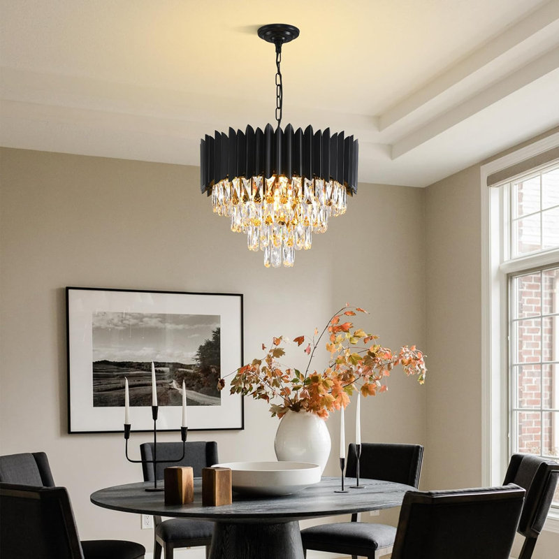 Modern Black Vertical Slat & Crystal Chandelier, E14 Base, 4 Size Options, No Bulb, 33cm H x 50cm W x 50cm D, 4 Tiers