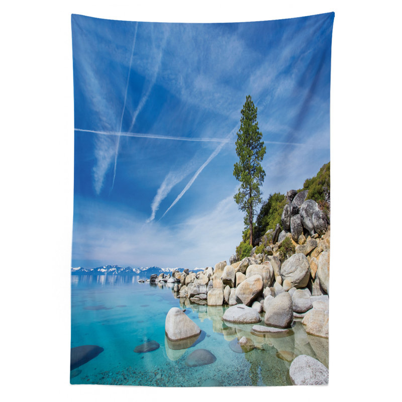 Ambesonne Lake Tablecloth, Clear Dreamy Sky Over Inland Creek Surrounded By Land Liquid Surface Of Earth Print, Rectangular Table Cover For Dining Room Kitchen Decor, 52" X 70", Blue Grey