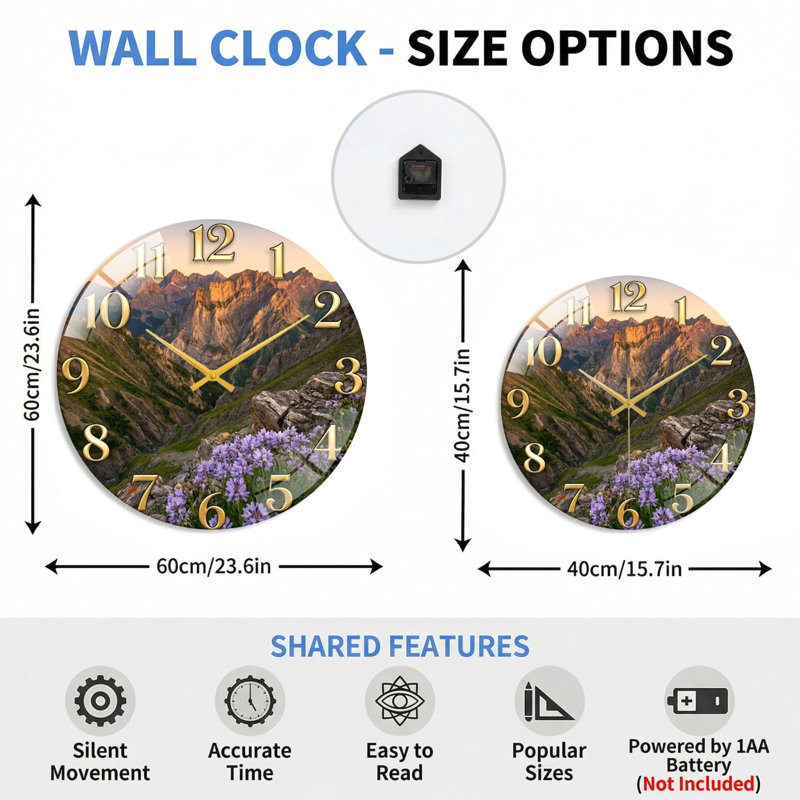 "Mountain Flowers", horloge murale en verre, 60x60cm(23.6x23.6inch)