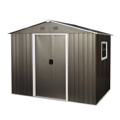 Remise de rangement extérieure en métal gris de 8 pi x 6 pi - construction en acier galvanisé, évents intégrés perforés, porte coulissante avec serrure, assemblage facile pour la structure de fer d'atelier, ventilation des évents, pour construire le garage