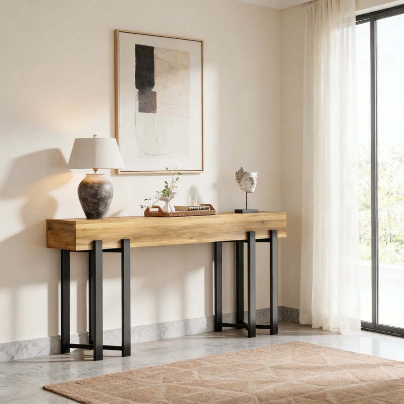 63" Industrial Farmhouse Console Table, Wooden Entryway & Sofa Table With Black Iron Legs