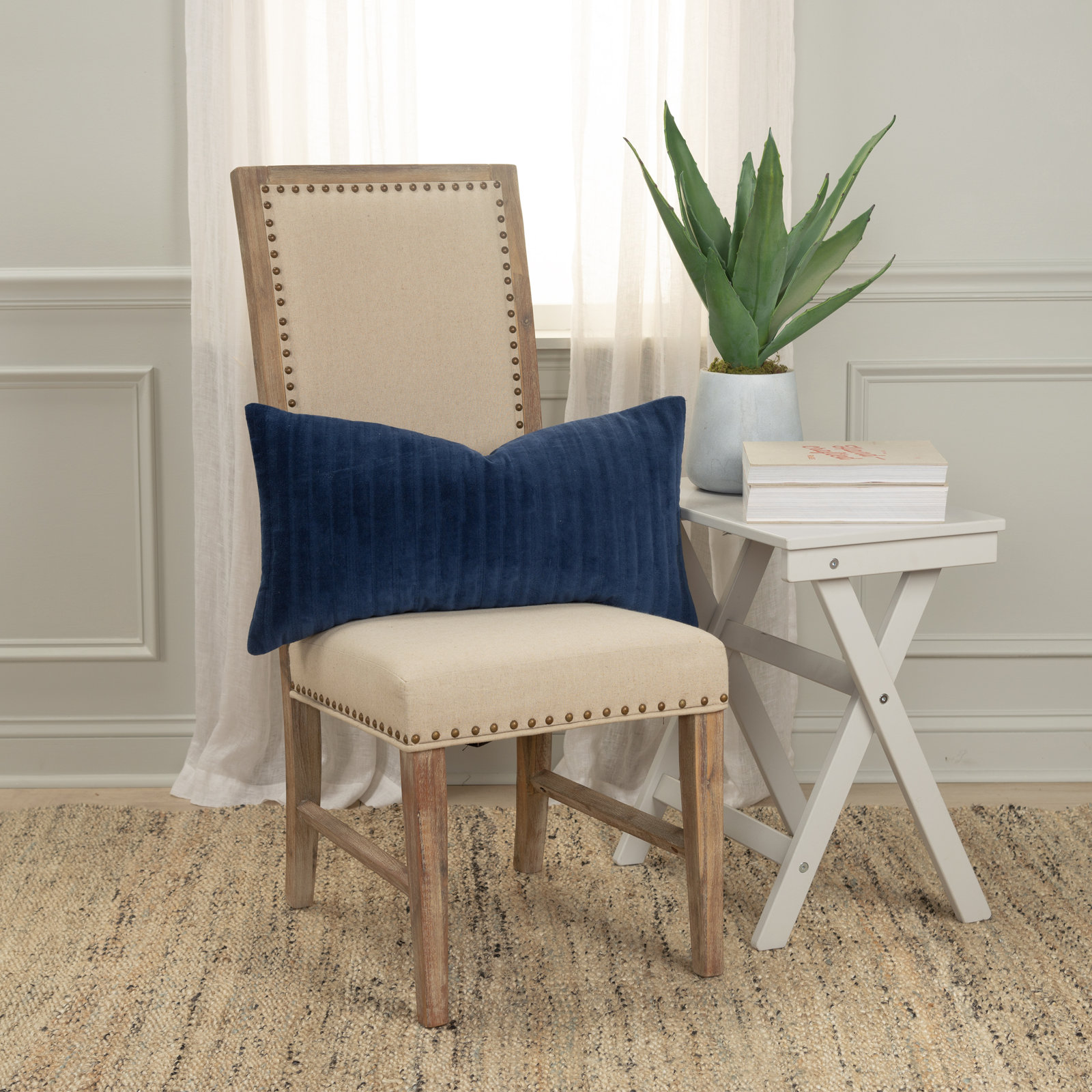 Zorina Embroidered Cotton Lumbar Throw Pillow, Dark Blue