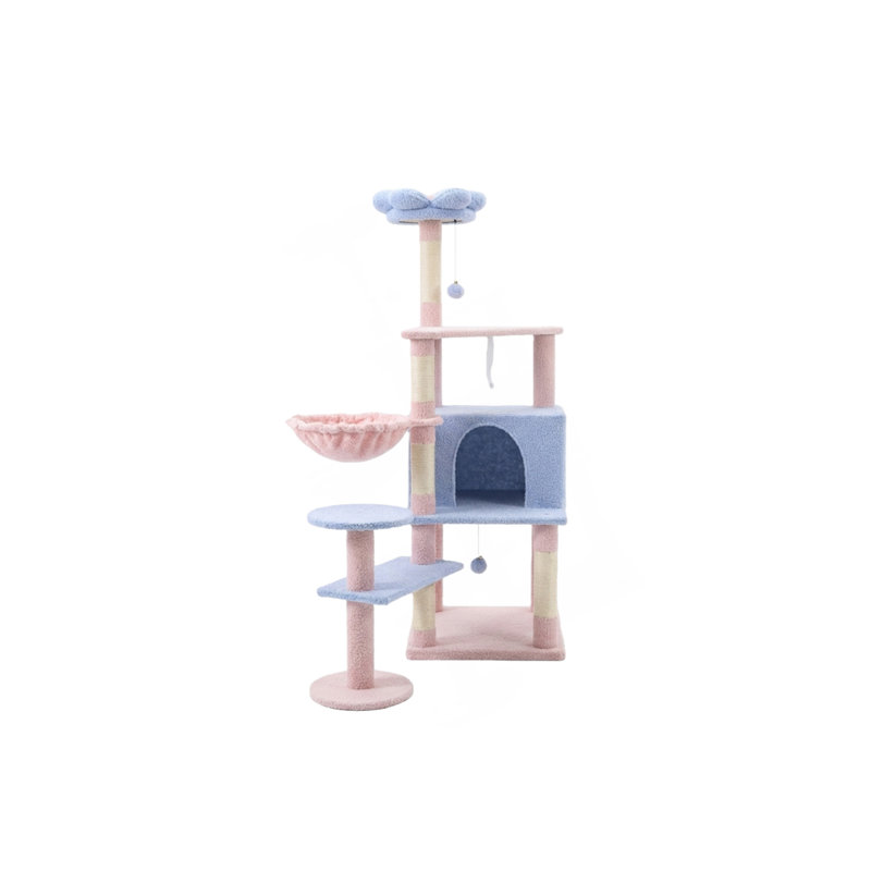 Arbre à chat avec coussin de fleurs et hamac bleu, Bleu