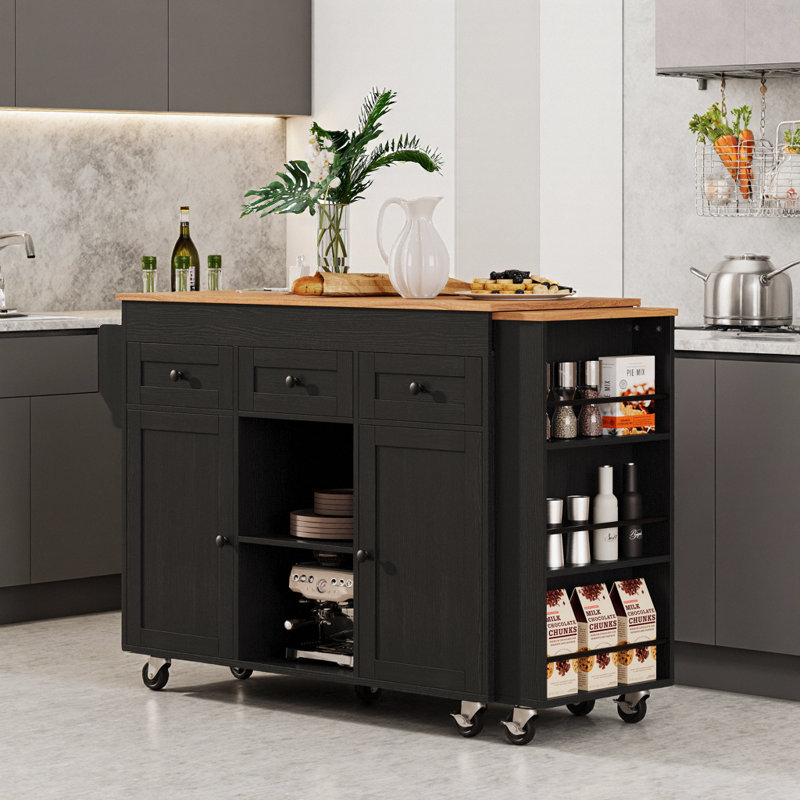 85.5" Extendable Dining Table Kitchen Island with Power Outlet, 3 Drawers, 2 Doors & 7 Wheels, Black, Black