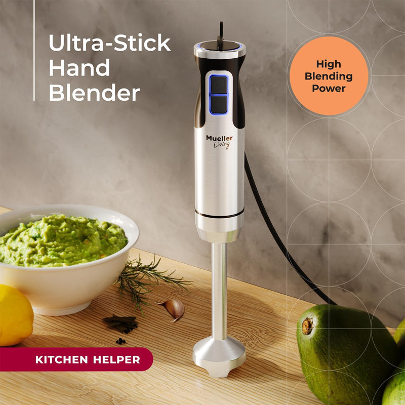 Mélangeur à main MuellerLiving - Mélangeur à main électrique en acier inoxydable à 8 vitesses, Gadget de cuisine en émulsion avec mode Turbo