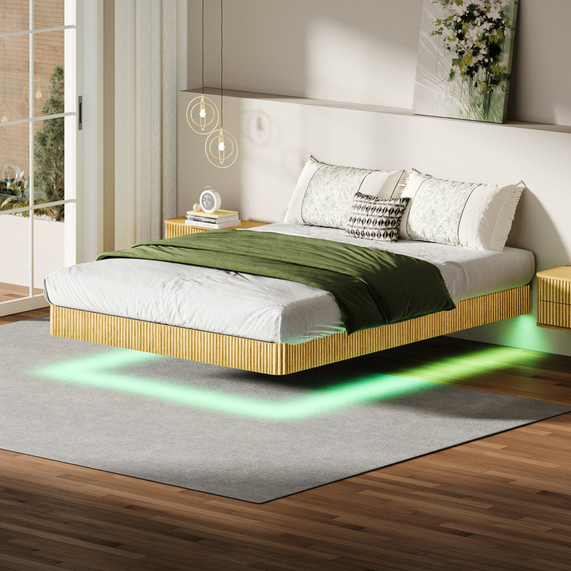 Floating Bed Frame Of Queen Size, Oak - Toned, Wave Wood Look, Led Lighting For Immersive Nights, Metal Slats Resistance, Invisible Suspension Aesthetic, Remote Controlled Scenes, Natural Appeal,