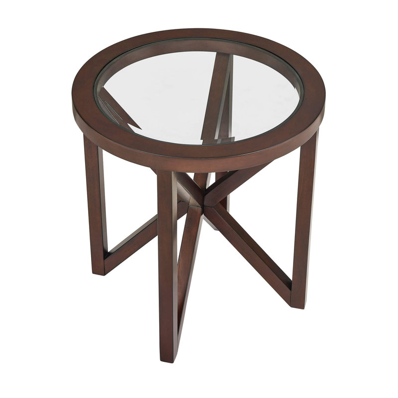 Glass Coffee Table with Solid Wood Base, Cherry, 22.13" H x 21.65" L x 22.13" W