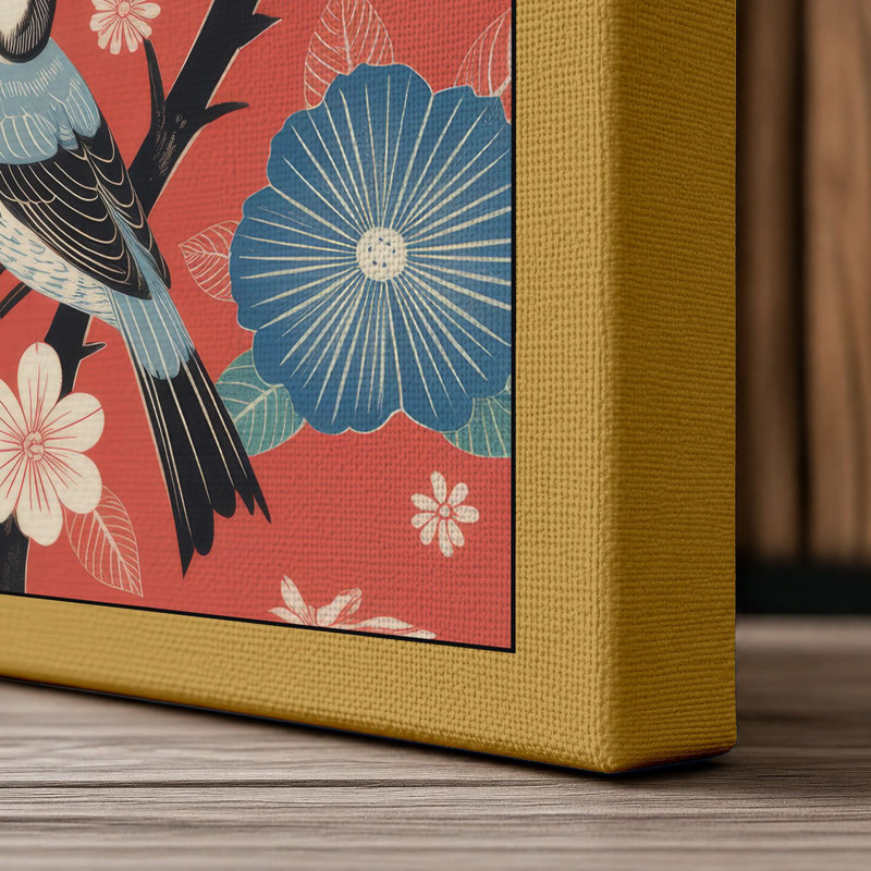 Puffins and Folk Flowers Boho - Wrapped Canvas, 24x16 - 61.0 x 40.6 cm, Ochre Border