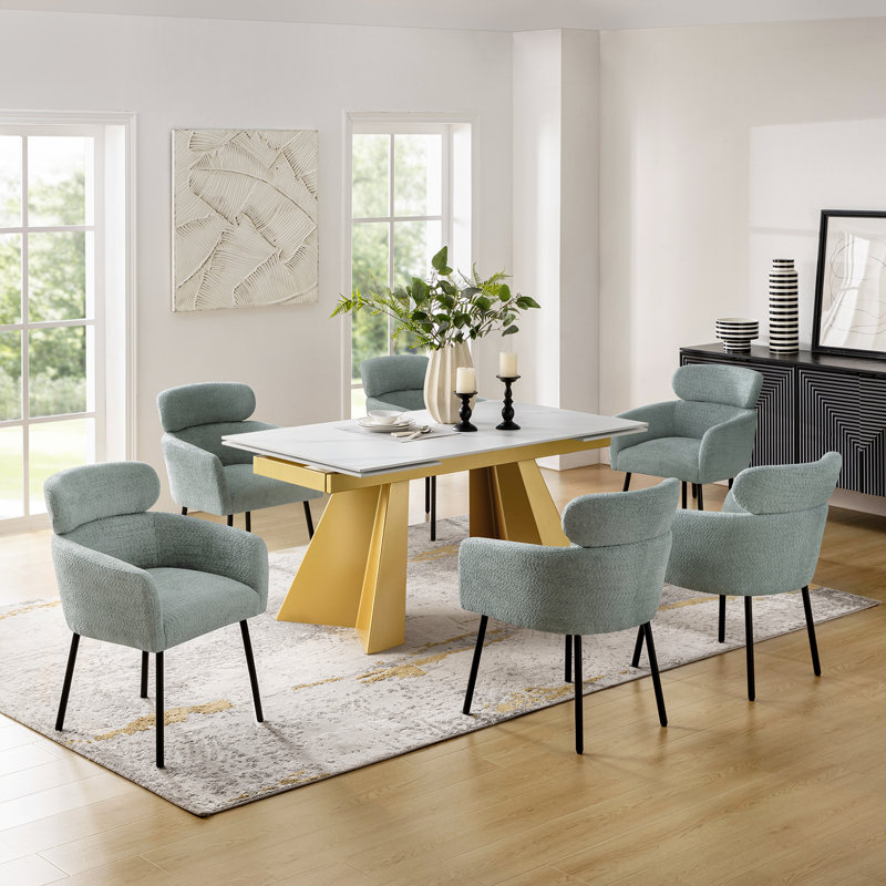 Orletta 7-Piece 94.5" Extendable Dining Table With  Dining Chairs Set, White, Gold, Green