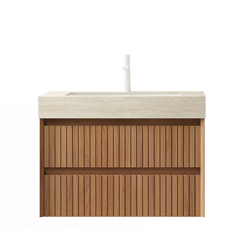 Meuble-lavabo de salle de bain, lavabo rayé flottant avec 2 tiroirs et plateau en pierre frittée à motif de travertin, 30"