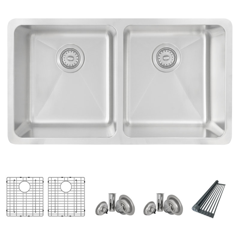 Évier de cuisine en acier inoxydable à double cuve 50/50 de calibre 16 T304 avec grilles, crépines et support de séchage AZUNI Veneti