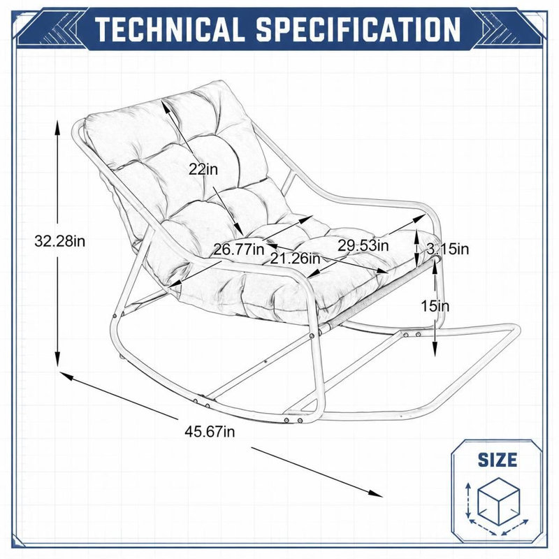 Chaise berçante d'extérieur avec coussin épais à haute densité, mouvement à bascule réglable, structure robuste en acier thermolaqué, capacité de poids de 300 lb