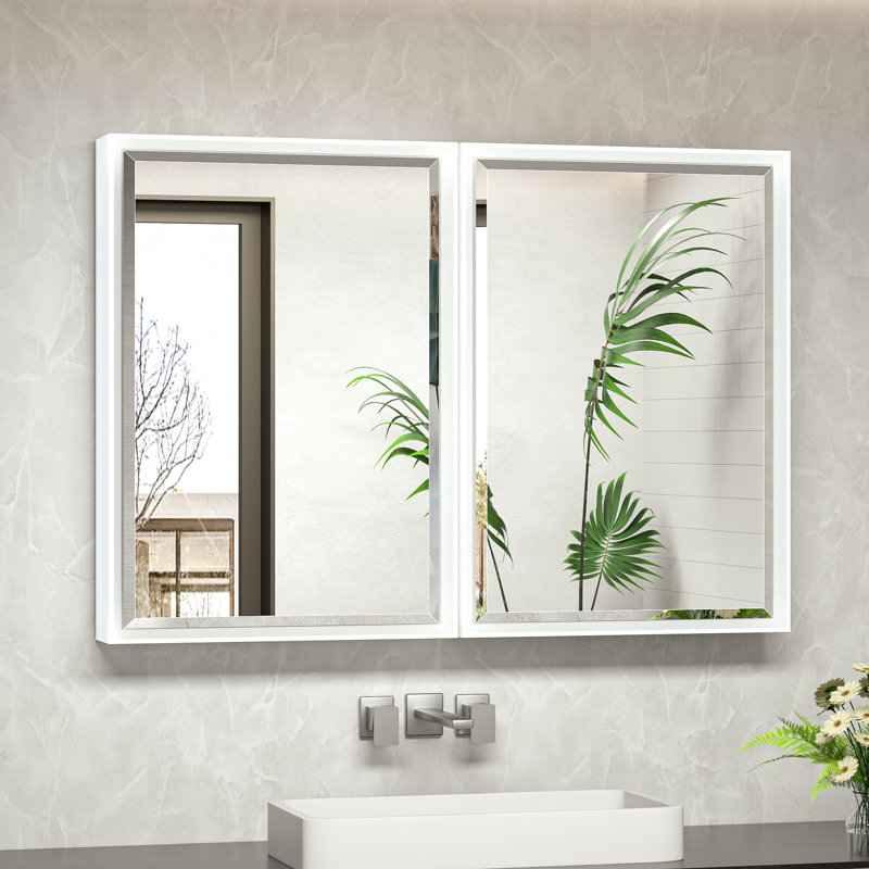 Lunara Recessed & Surface Framed 2 Door Medicine Cabinet with Mirror and Shelves, White, 24" H x 36" W x 5.2" D