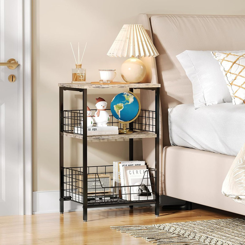 Table d'appoint, petit support de tourne-disque avec rangement, table de chevet en vinyle pour le salon, la chambre à coucher, le bureau (brevet en instance) (brun et noir)