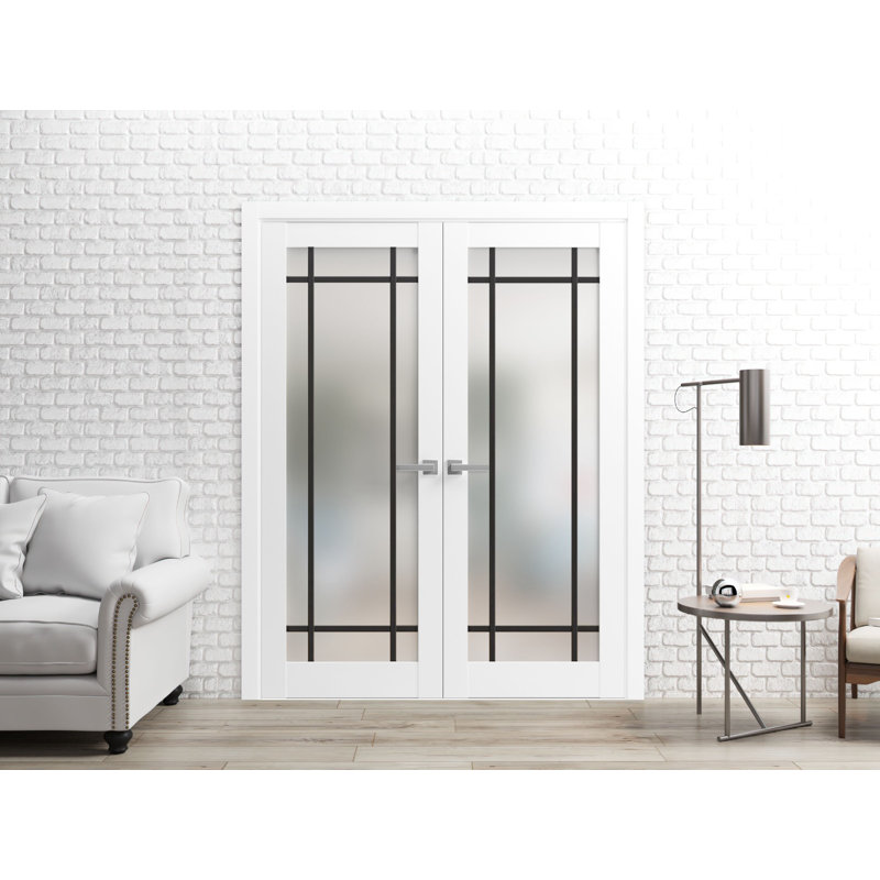 Portes françaises doubles solides | Verre givré Planum 2112 | Garnitures de cadre en bois massif | Portes robustes de chambre à coucher pour garde-robe