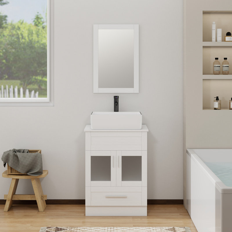 Andrais 24'' Single Bathroom Vanity with Manufactured Wood Top, White, White