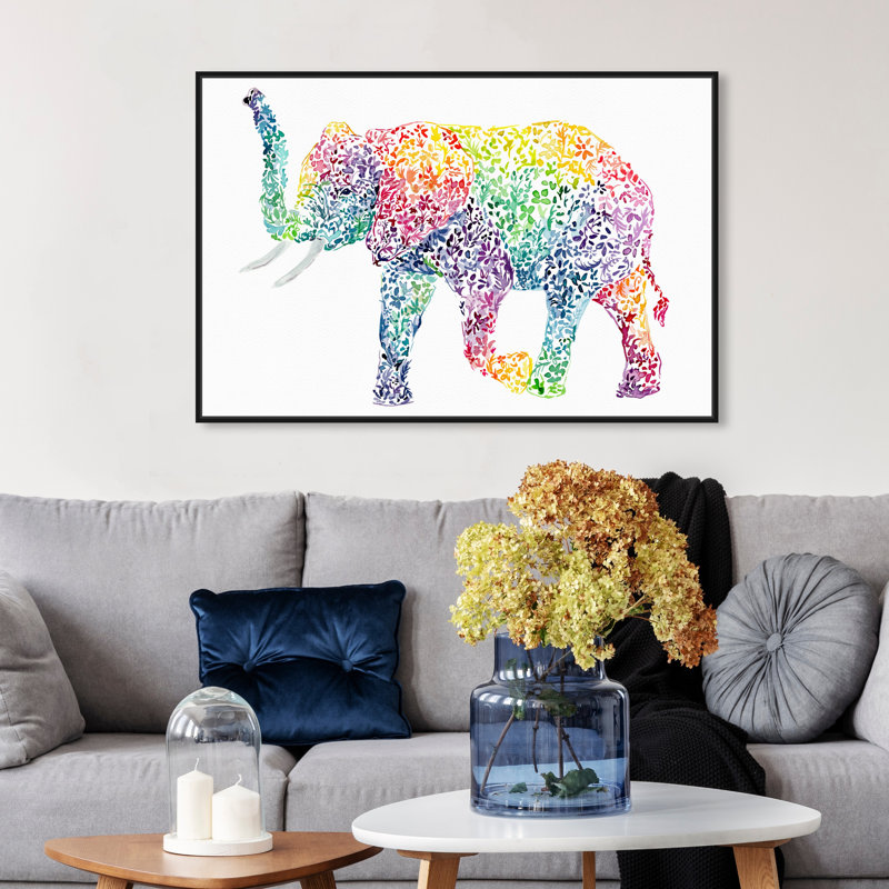 Éléphant floral - Impression sur toile, Toile avec cadre noir, H 24 po x l 36 po x 1,5 po