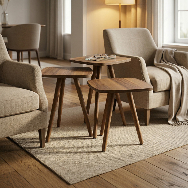 Ensemble de 3 tables d'appoint gigognes avec plateau en panneau de fibres à densité moyenne et pieds en bois de charme