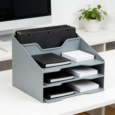 Vertical Desktop File Organizer With 5 Compartments, Plastic Paper Tray And Document Holder For Office, Home, Or Countertop