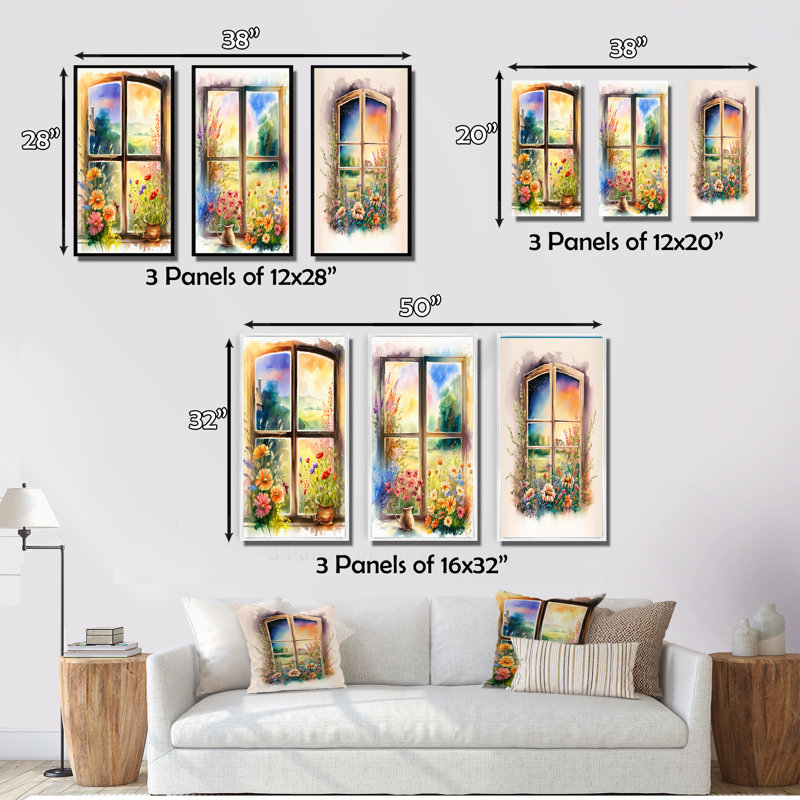 Été coucher de soleil floral fenêtre - ensemble de 3 fenêtres d'art de ferme, Cadre flottant doré, H 40 po x l 60 po