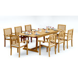 11 Pcs Grade-A Teak Wood Dining Set: 94" Double Extension Mas Rectangle Trestle Leg Table And 10 Hari Stacking Arm Chairs #11HR2110