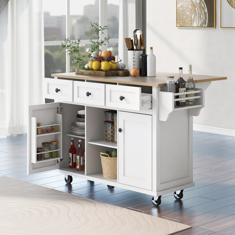 Kitchen Cart With Rubber Wood Drop-leaf Countertop ,cabinet Door Internal Storage Racks,kitchen Island On 5 Wheels With Storage Cabinet And 3 Drawers For Dinning Room