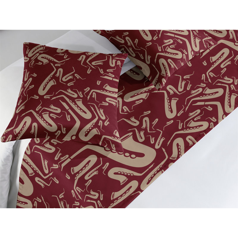 Ambesonne Jazz Vibes Bed Runner Set Boho Art Saxophone Blues Pale Mustard Raspberry, King