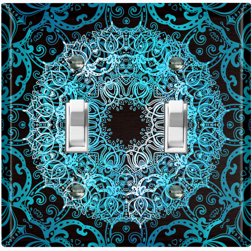 Teal Blue Circle Mandala Black Patterned 2 - Gang Toggle Light Switch Standard Wall Plate