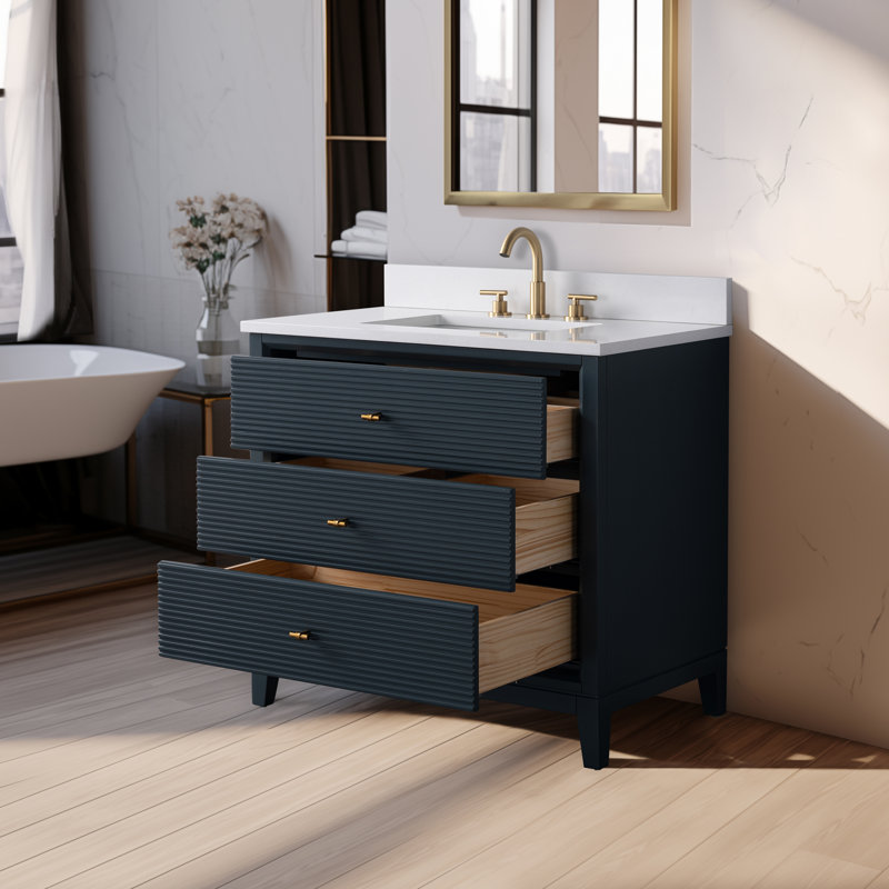 Meuble-lavabo autoportant à simple cuve 36 po avec plateau en marbre Caldwell, Blanc Ariston, Bleu épinette rétro