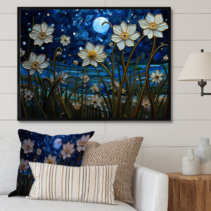 Impression sur toile Moonlight Flower Field Dreams I, H 30 po x l 40 po x P 1,5 po, Cadre flottant noir