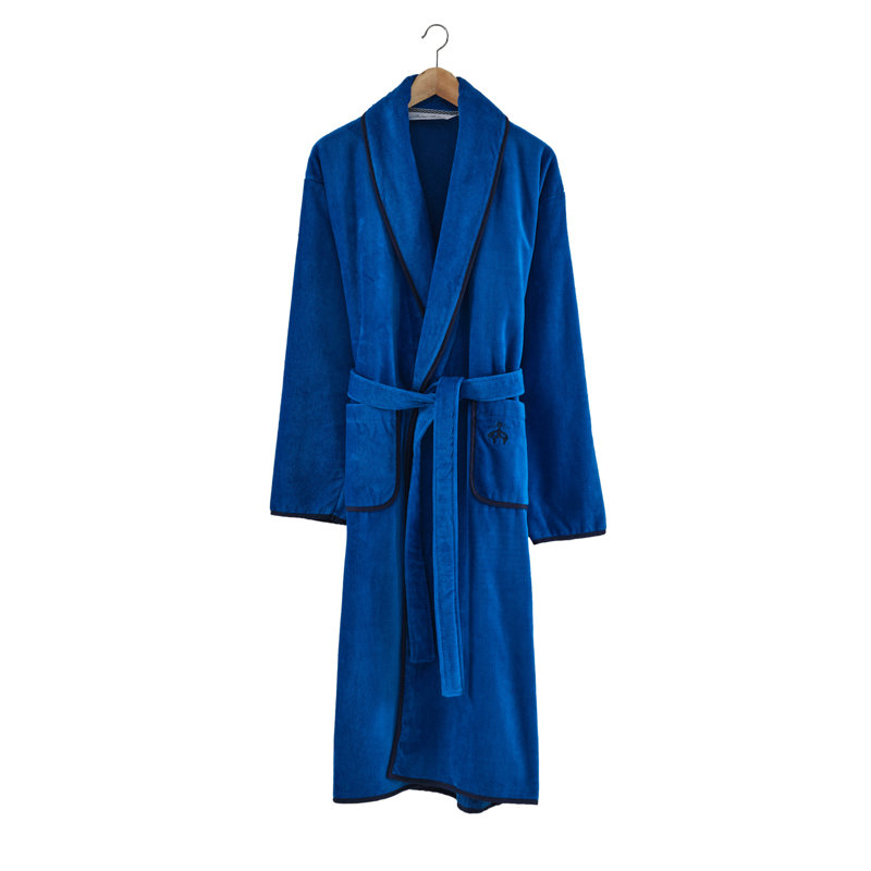 Peignoir 100% coton cheville avec poches, Bleu