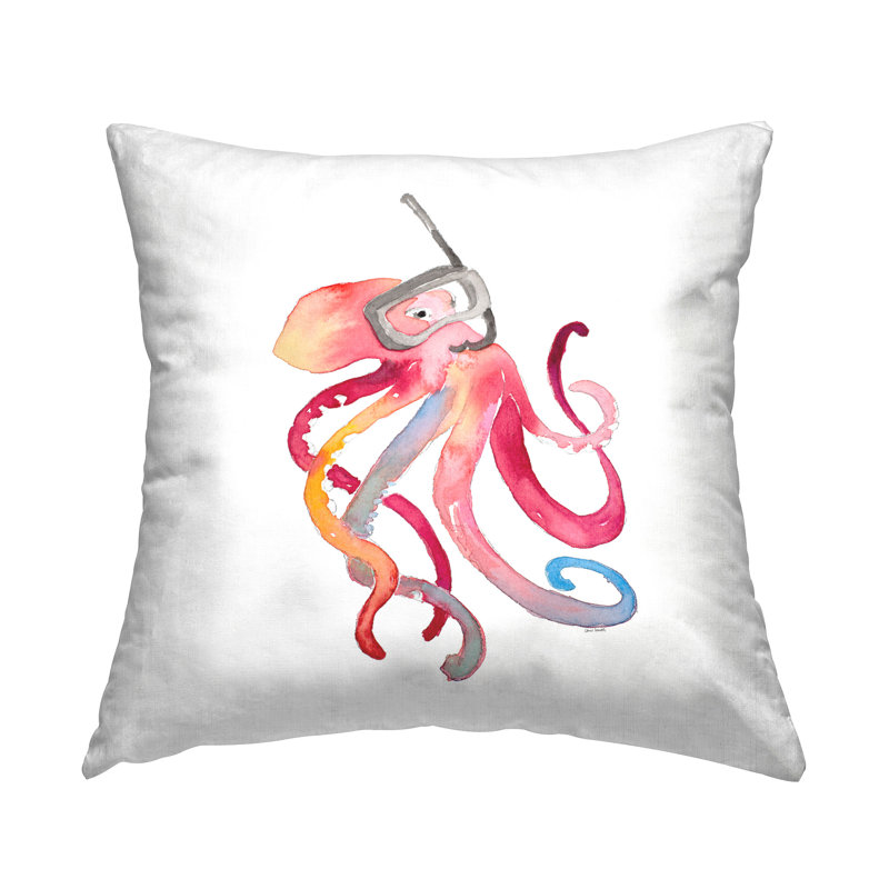 White Polyester Square Pillow with Octopus Print, 18x18