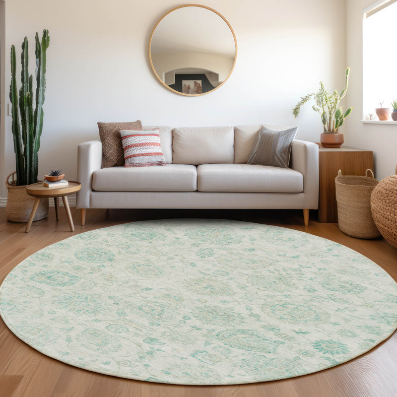 Machine Washable Indoor/Outdoor Xhevrie Turquoise Rug, Round 8'