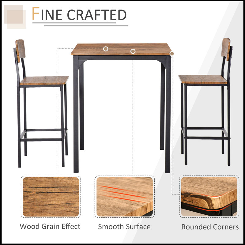 3 Piece Bar Table Set, Industrial Counter Height Dining Table Set, Bar Table & Chairs with Legs, Rustic Brown