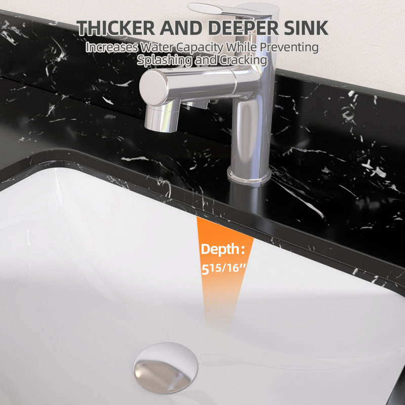Dessus de meuble-lavabo en pierre reconstituée de 30 po x 22 po avec comptoir intégré en faux marbre et comptoir de 4 po pour salle de bain en marbre noir
