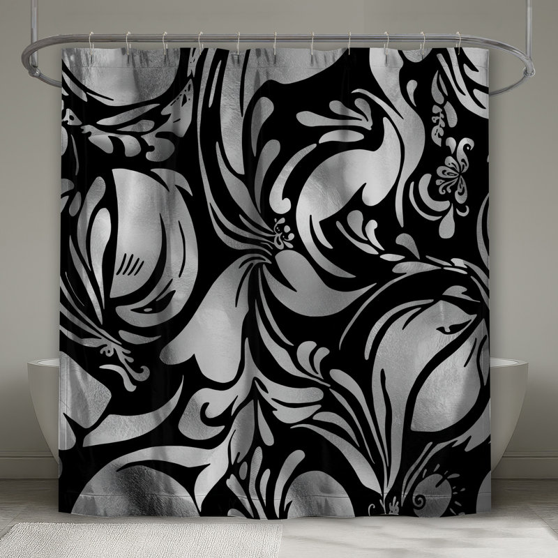 Rideaux de douche argentés à motif floral noir extra long, 70in W x 72in H