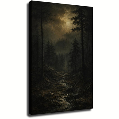 Grande galerie, reproduction d'art sur toile, art mural gothique sur toile, ruisseau de forêt sombre brumeux au clair de lune, peinture de paysage rétro Moody, art mural rustique foncé pour le salon et la chambre à coucher