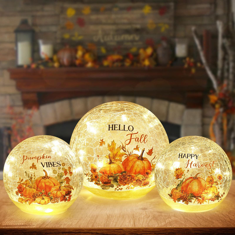 Set of 3 Crackle Glass Ball with LED Lights for Fall Table Decor with Timer
