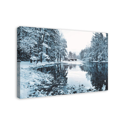 " Snowy Park Lake Pine Trees "