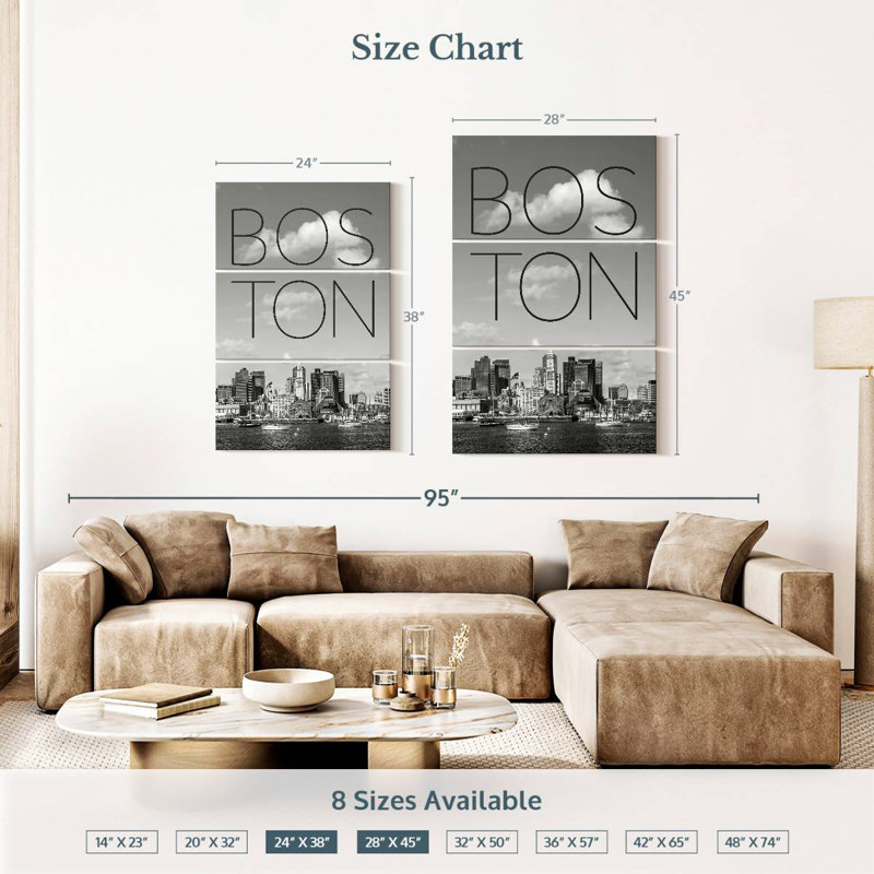 Skyline de Masam Boston, North End et quartier des affaires, texte et horizon, H 38 po x l 24 po