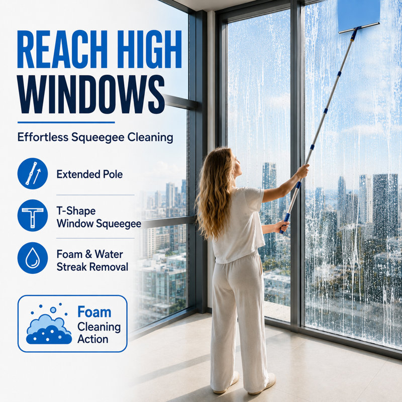 ITTAR 75" Window Squeegee with Extension Pole, Glass cleaning Kit with Adjustable Head for Corners, 12" Squeegee+11" Chenille & 2 Microfiber Pads for Shower, Indoor/Outdoor High windows, Car Glass