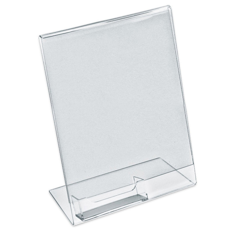 Clear Acrylic Angled L-Shape Sign Holder Frame with Slant Back Design and Attached Business Card Pocket, Frame Size: 8.5"W x 11"H, 10-Pack