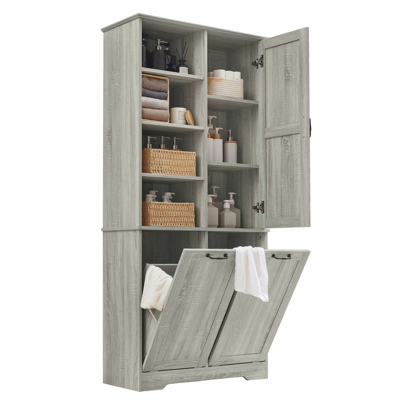 Bathroom Storage Cabinet With Adjustable Shelf, Freestanding Cabinet With Tilt-Out Laundry Hamper, Oak